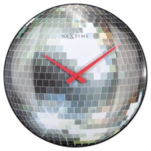 A funky disco ball style wall clock, in silver effect with red hands