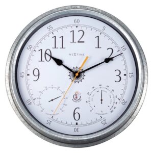 A waterproof outdoor clock with weather station features, in galvanised metal frame