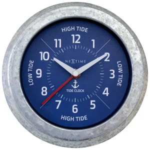 Blue faced clock with nautical theme, sat into a galvanised frame.