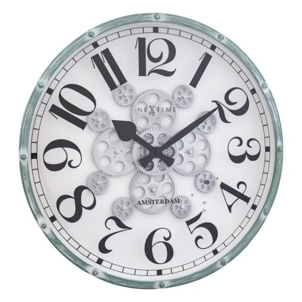White clock with silver gears and green case, giving a lovely vintage style wall clock