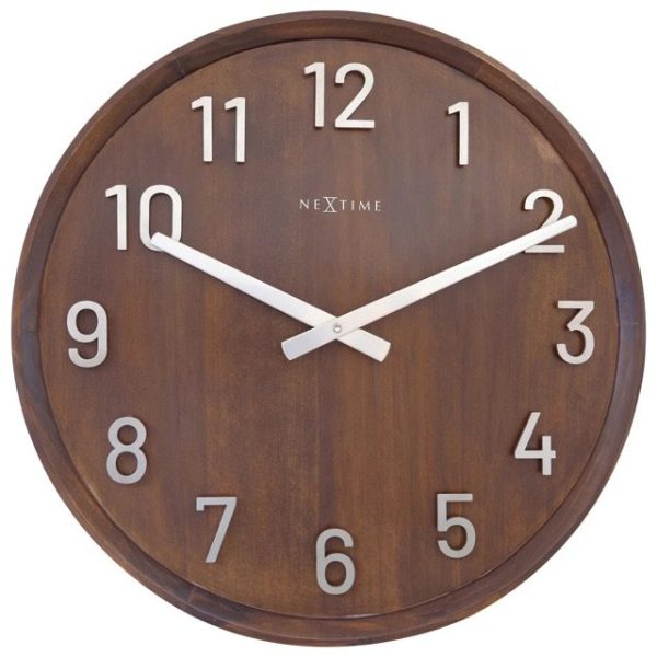 Walnut coloured wooden clock with floating silver numbers and silver hands