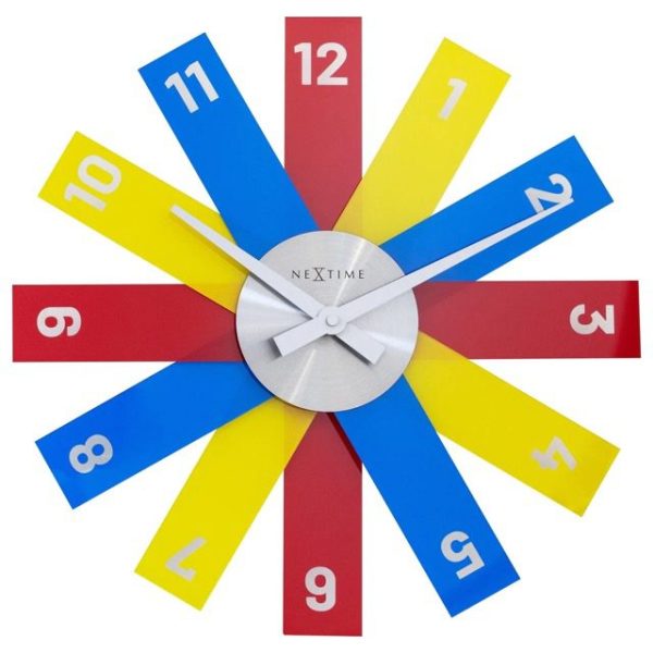 Multicoloured clock inspired by stacked rulers with aluminium face