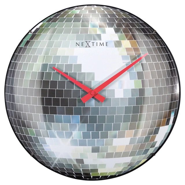 A funky disco ball style wall clock, in silver effect with red hands