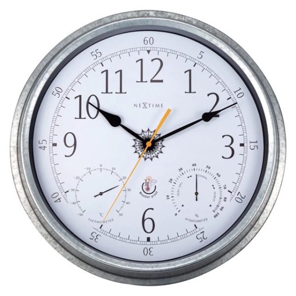 A waterproof outdoor clock with weather station features, in galvanised metal frame