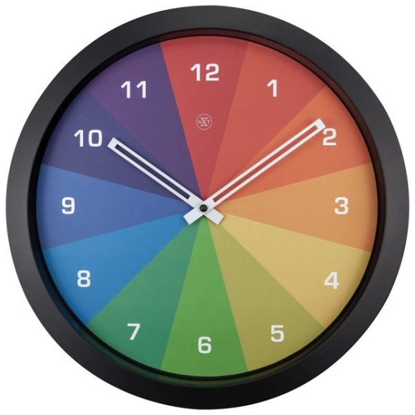Rainbow coloured wall clock in black plastic frame