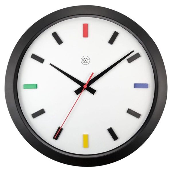 White clock face with black frame, the hours marked with coloured markers and black hands