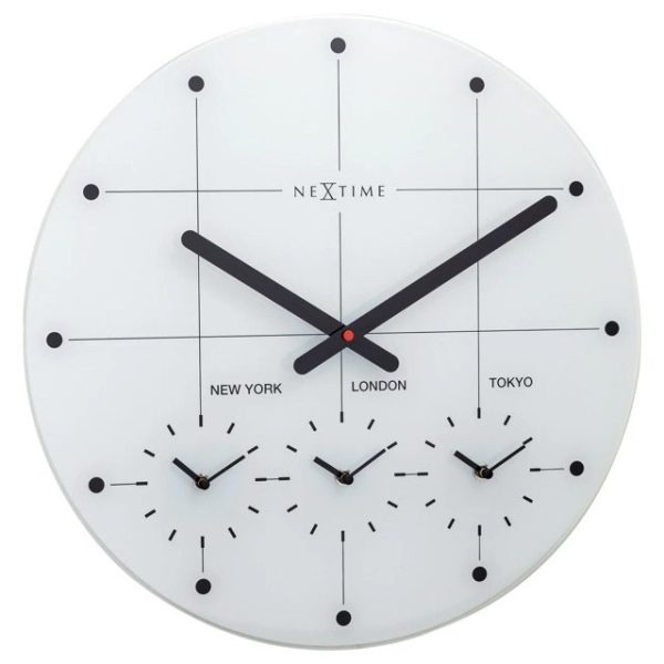 White glass clock with black screenprinted screen. Clock shows three additional timezones