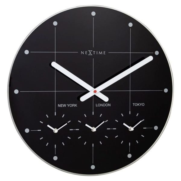 Black glass wall clock showing different time zones. The clock has white hands