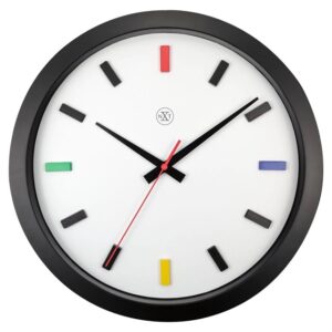 White clock face with black frame, the hours marked with coloured markers and black hands