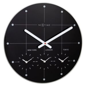 Black glass wall clock showing different time zones. The clock has white hands