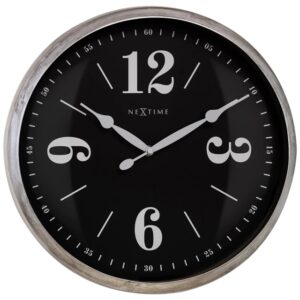 Classic wall clock with black face, white numbers and distressed metal frame.