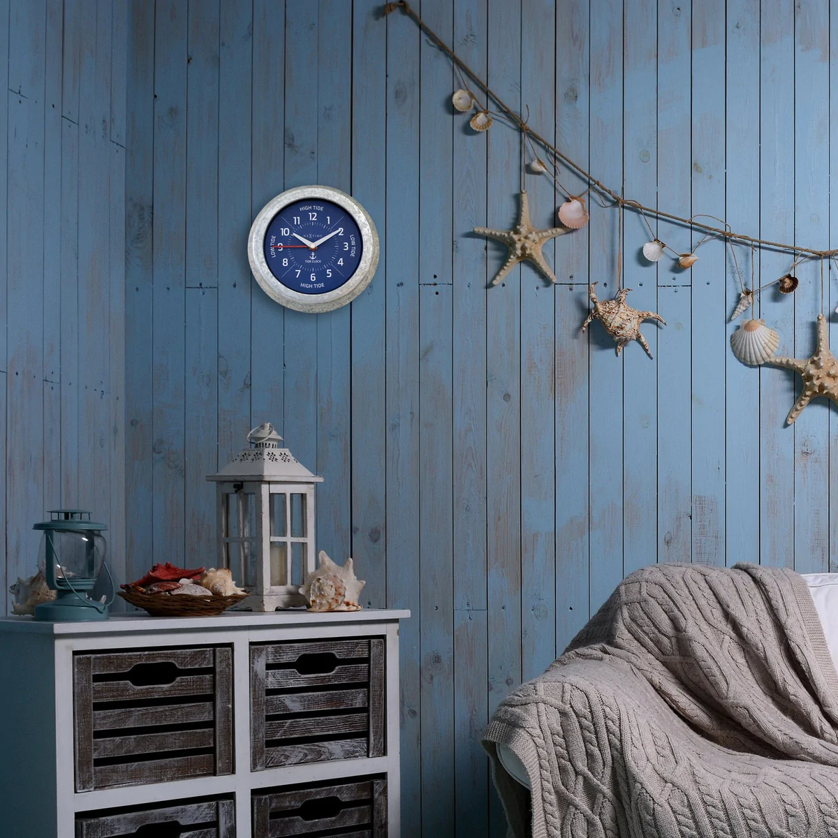 Tide clock within a nautical room setting