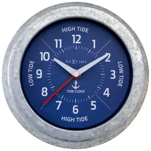 Blue faced clock with nautical theme, sat into a galvanised frame.