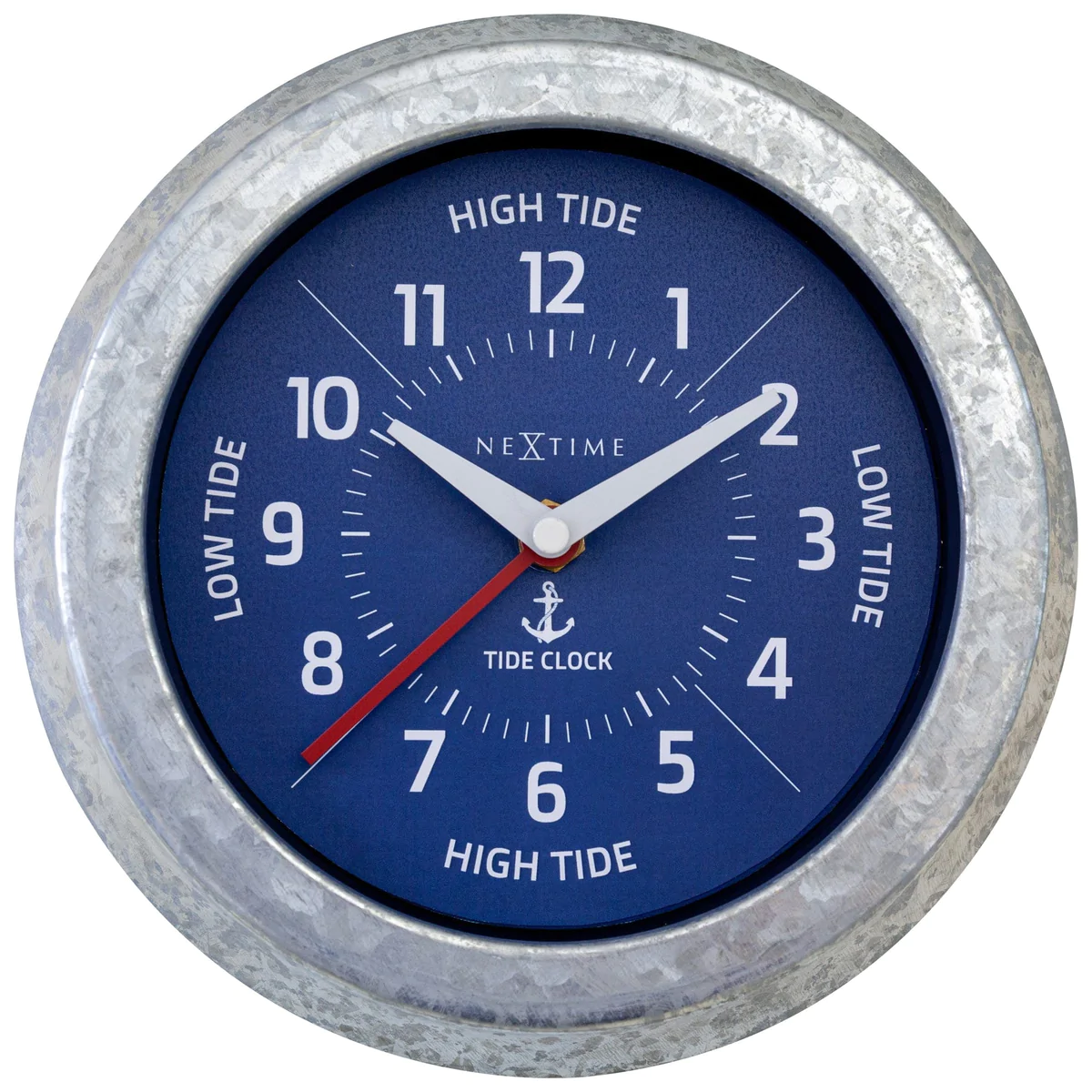 Blue faced clock with nautical theme, sat into a galvanised frame.