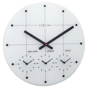White glass clock with black screenprinted screen. Clock shows three additional timezones