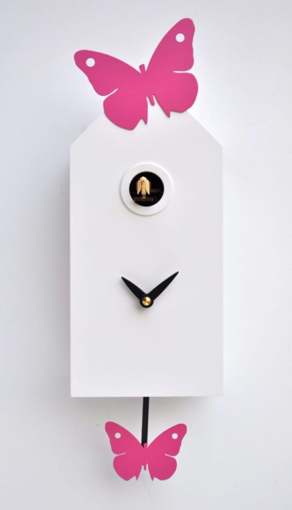 White simple cuckoo clock with a pink butterfly adornment and butterfly pendulum