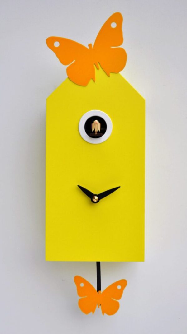 Yellow cuckoo clock with orange butterflies which attach with magnets