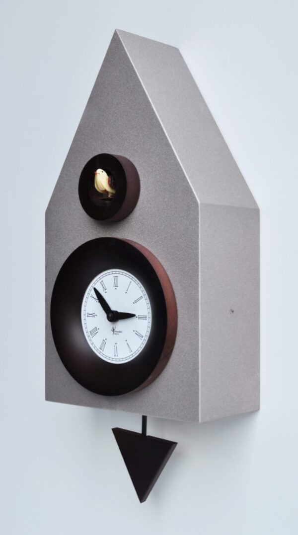 Side view of 'dark' cuckoo clock in silver/aluminium with ebony black features.