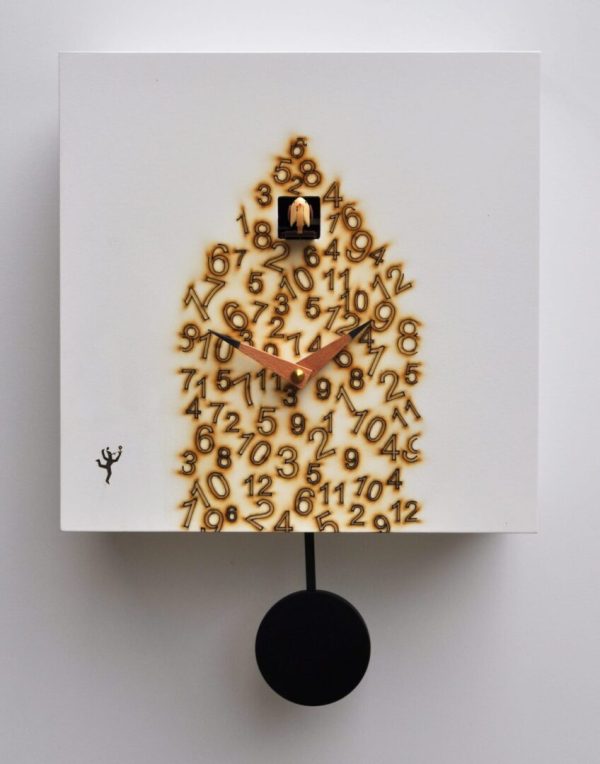 Unusual square cuckoo clock with random numbers creating the shape of a house which houses the cuckoo clock. the clock has a black pendulum
