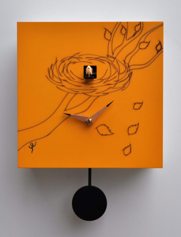 An orange square cuckoo clock with a nest image to house the cuckoo