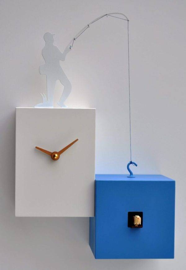 Fisherman interacting with the cuckoo clock