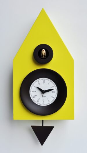 Sulphur Yellow cuckoo clock with ebony beechwood detail and a triangular black pendulum