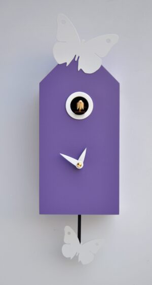 Purple cuckoo clock with white butterflies