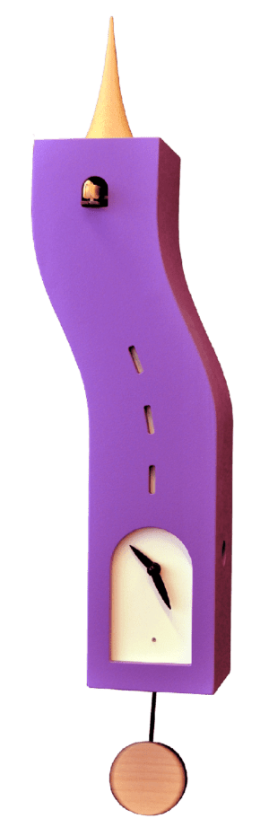 Purple cuckoo clock in the form of a crooked bird.