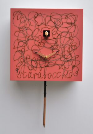 Pink scribble wall clock with pencil for pendulum