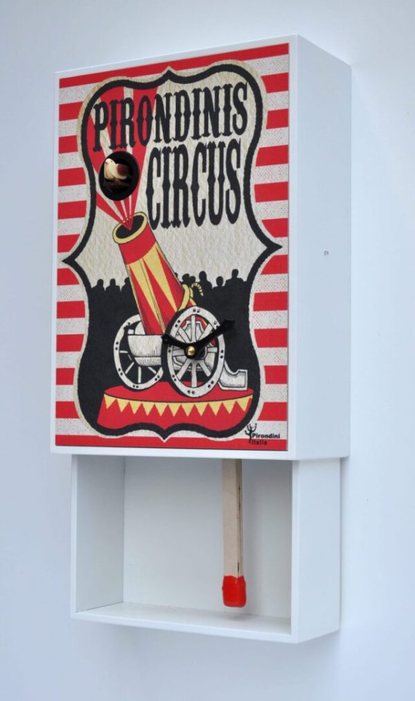 Side view of the fun circus cannon matchbox cuckoo clock