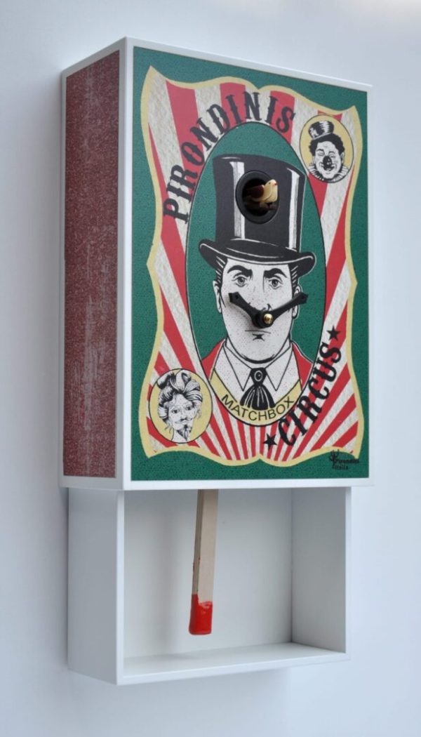 Circus Master cuckoo clock shown from the left hand side