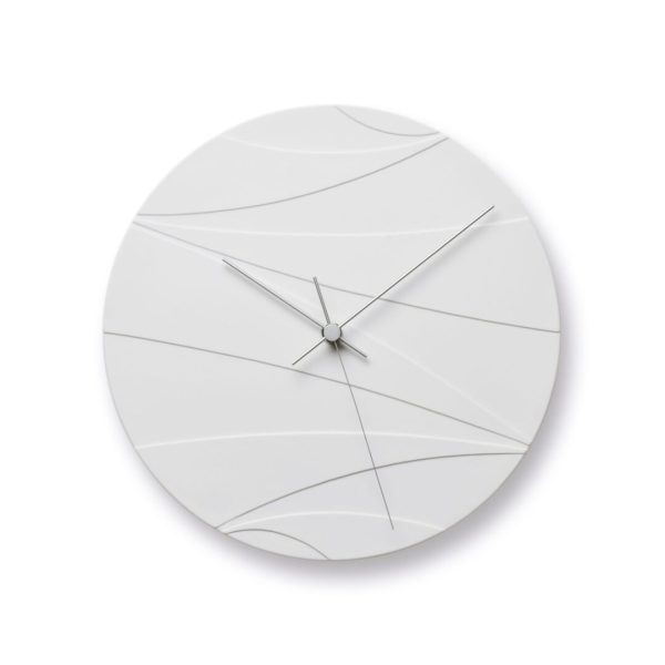 White porcelain clock with textured patterns on the face which create 12 zones to represent the hours.