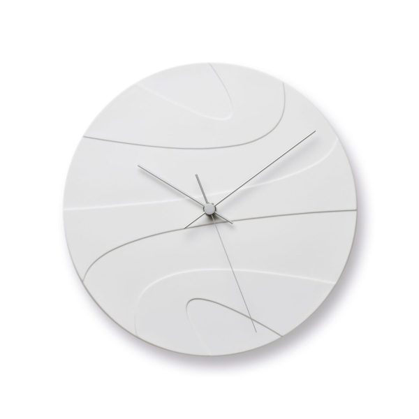 Jupiter wall clock made from porcelain with curved lines on the face adding movement and a smooth dynamic