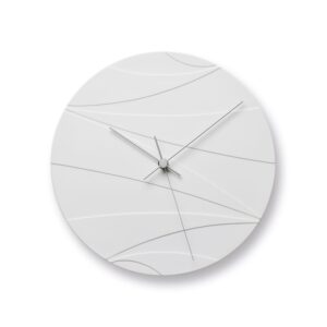 White porcelain clock with textured patterns on the face which create 12 zones to represent the hours.