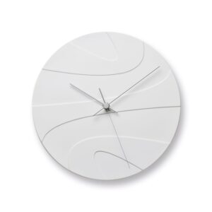 Jupiter wall clock made from porcelain with curved lines on the face adding movement and a smooth dynamic