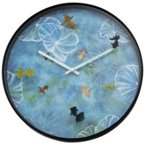 Pond Wall clock in shades of blue, with goldfish and waterlilies. The clock has a black frame and white hands, with no visible numbers.