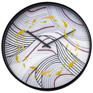 Koi Wall clock, depicting yellow koi swimming through stylised ripples in shades of grey and red. the clock has a black frame and hands