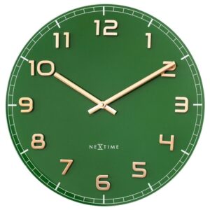 Classy Medium wall clock in emerald green with bronze coloured hands and numbers.