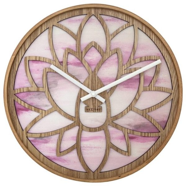 Lotus wall clock in wood cutout with a background in shades of pink.