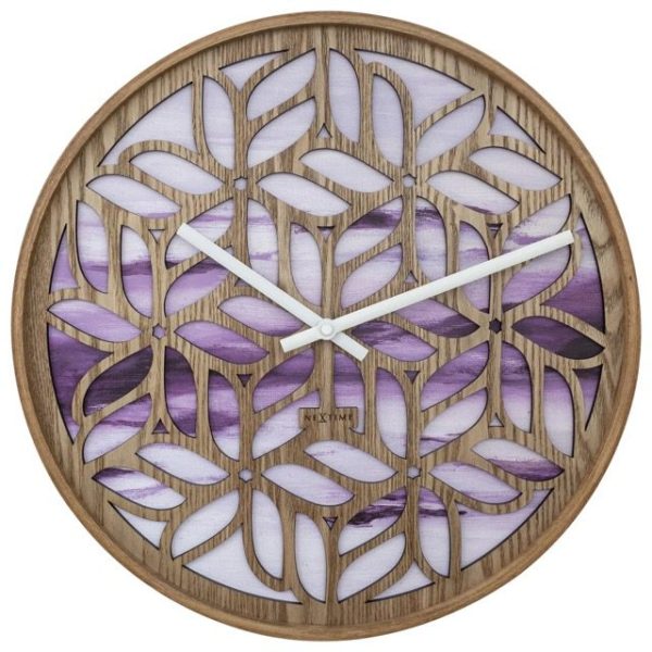Yogi wall clock in a lilac watercolour design, overlaid with cutout wood. The clock has white hands.
