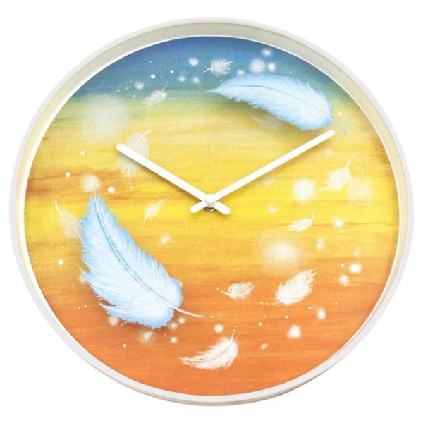 Feathers wall clock in shades of yellow orange and blue with feathers depicted both on the glass and the background giving an illusion of movement.