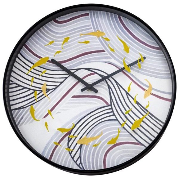 Koi Wall clock, depicting yellow koi swimming through stylised ripples in shades of grey and red. the clock has a black frame and hands