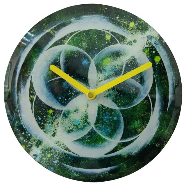 Cosmo wall or table clock in green with calming cosmic design