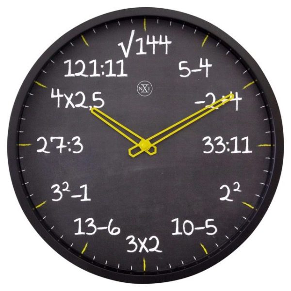 Interesting black wall clock with white maths problems replacing the numbers. Yellow hands add contrast to the clock