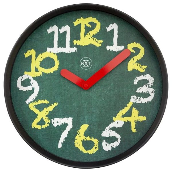 Chalkboard themed wall clock in green with yellow and white numbers