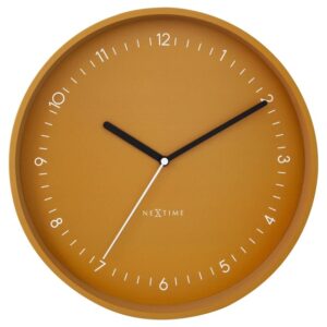 Berlin Wall Clock in Aluminium finished in Yellow. The clock has small numbers around the face, in white with blackhands.