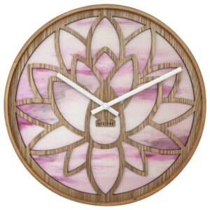 Lotus wall clock in wood cutout with a background in shades of pink.