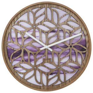 Yogi wall clock in a lilac watercolour design, overlaid with cutout wood. The clock has white hands.