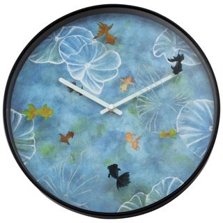 Pond Wall clock in shades of blue, with goldfish and waterlilies. The clock has a black frame and white hands, with no visible numbers.