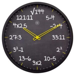 Interesting black wall clock with white maths problems replacing the numbers. Yellow hands add contrast to the clock